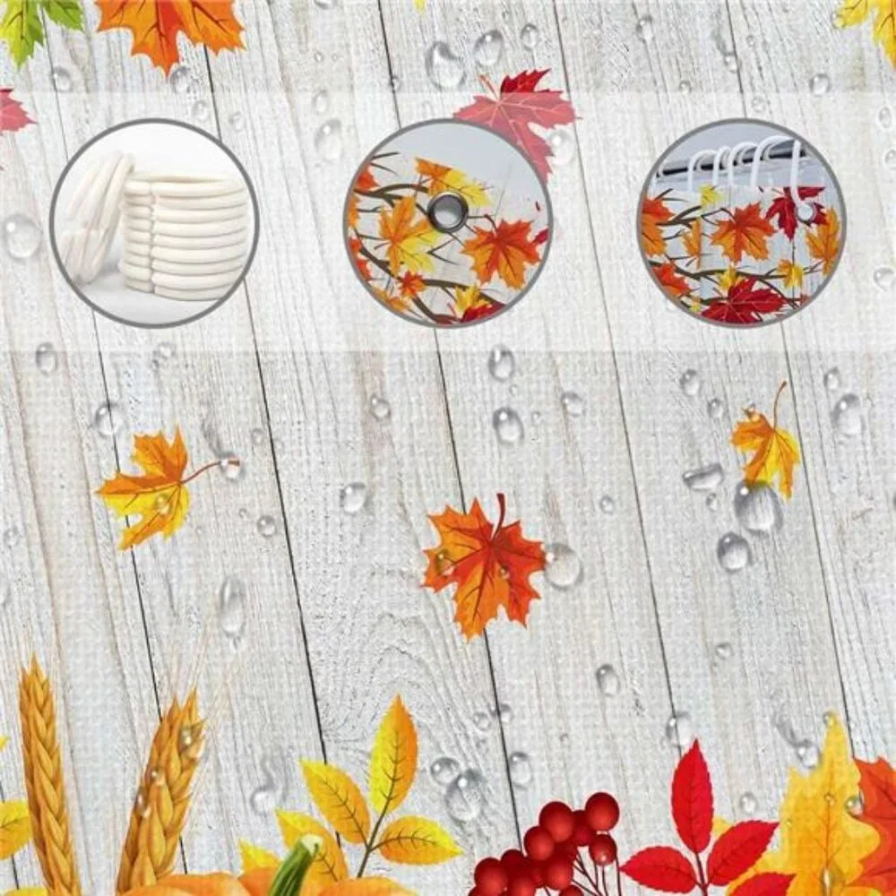 Fall Shower Curtain,Thanksgiving Pumpkin & Maple Leaves, Rustic Farmhouse 72x72